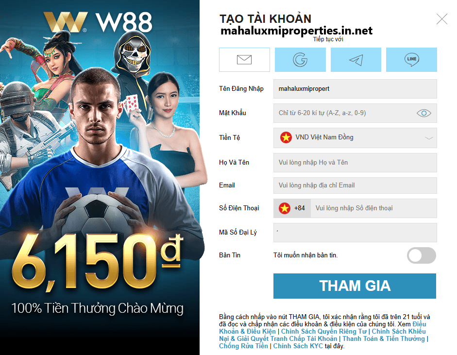 Thông tin đăng ký tài khoản W88